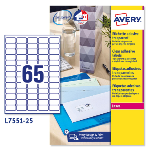 AVERY-ZWECKFORM L7551-25 ETICHETTE AUTOADESIVE PER STAMPANTE LASER IN PLASTICA 38.1X21.2MM CONFEZIONE 25 FOGLI X 65 ETICHETTE/FOGLIO TRASPARENTE